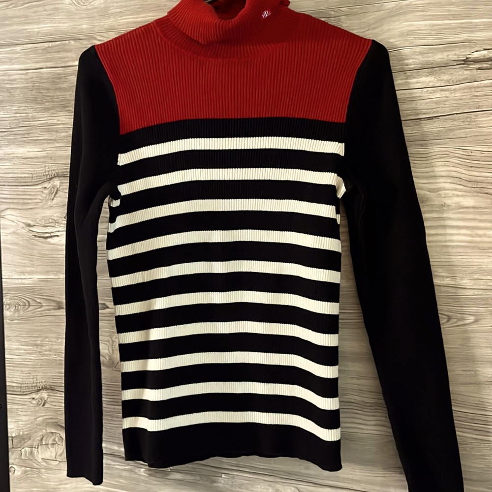 Lauren Ralph Lauren Cotton Ribbed Striped Turtleneck Pullover Sweater